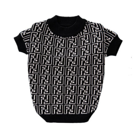Black knit dog sweater with all-over FF maze pattern inspired by Fendi