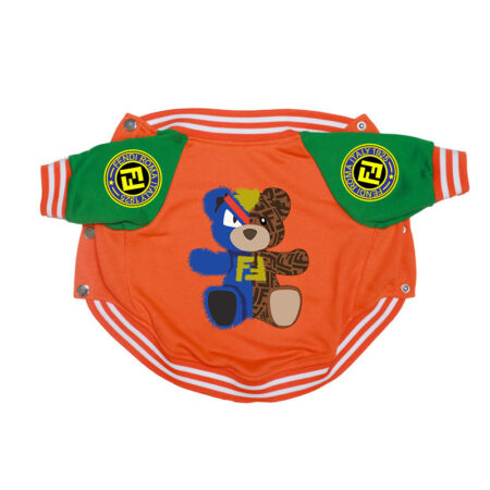 Orange varsity dog bomber jacket with green sleeves and Fendi FF logo patches, teddy bear graphic