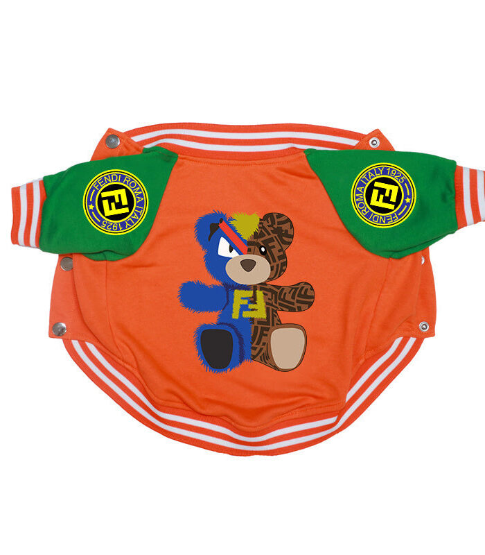 Orange varsity dog bomber jacket with green sleeves and Fendi FF logo patches, teddy bear graphic