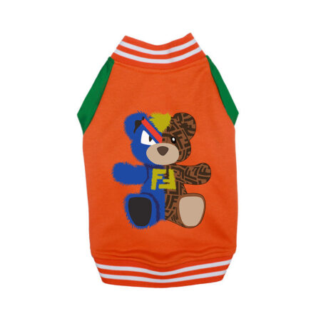 Back view orange dog varsity jacket with green raglan sleeves and striped ribbed trim