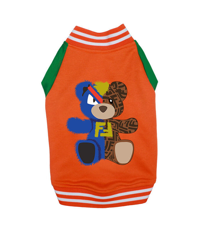 Back view orange dog varsity jacket with green raglan sleeves and striped ribbed trim