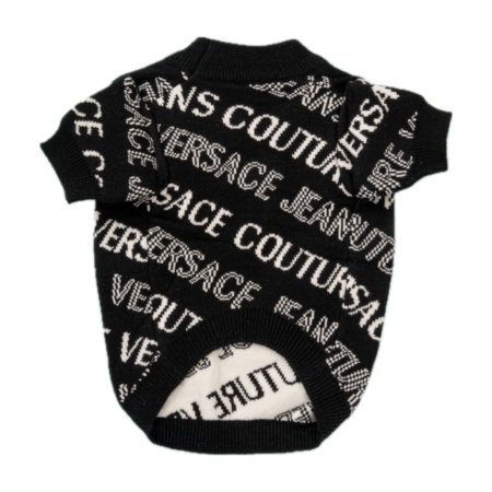Black knit dog sweater with white couture text print Versace inspired on white background