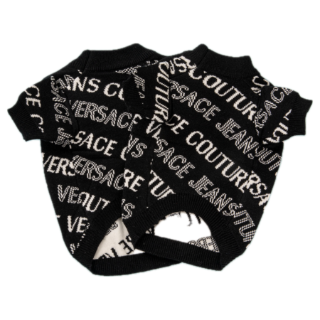 Black text print dog sweater Pawsace style showing construction details and fit