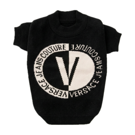 Black knit dog sweater with white Versace-inspired circle logo featuring V emblem