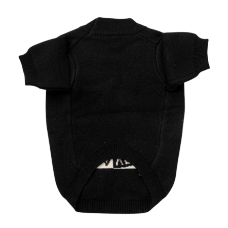Back view of black knit dog sweater showing plain design with ribbed hem