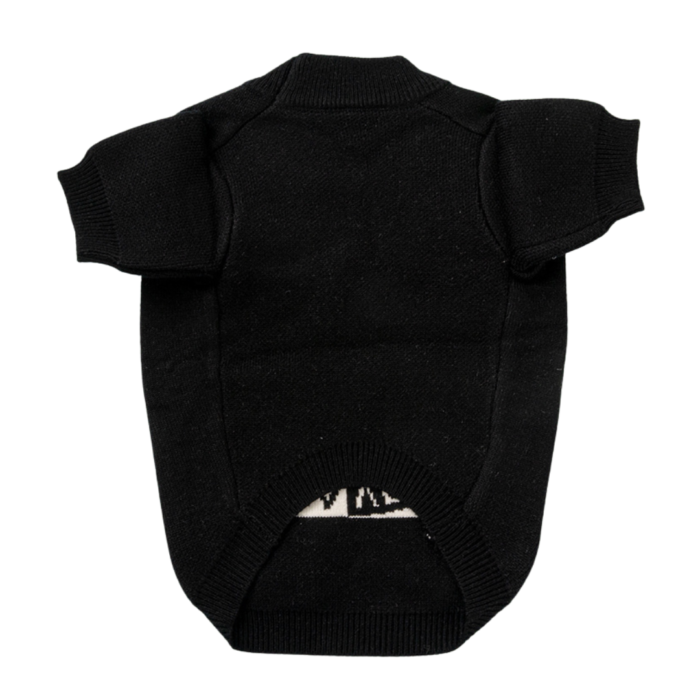 Back view of black knit dog sweater showing plain design with ribbed hem
