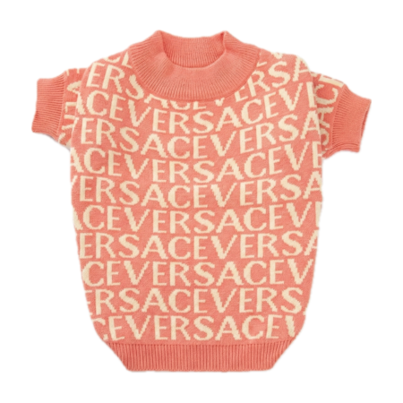 Coral knit dog sweater with all-over Versace text pattern inspired by Versace