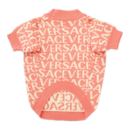 Back view of coral Versace-inspired dog sweater showing continued text pattern