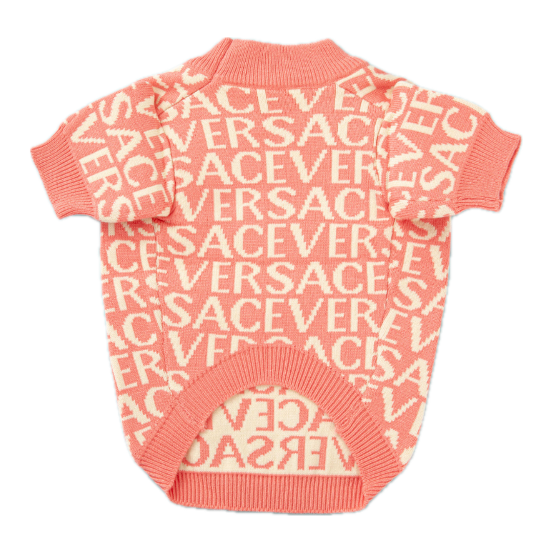 Back view of coral Versace-inspired dog sweater showing continued text pattern