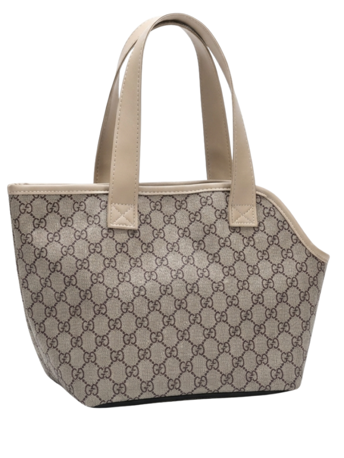Khaki monogram dog handbag carrier with leather handles inspired by Louis Vuitton