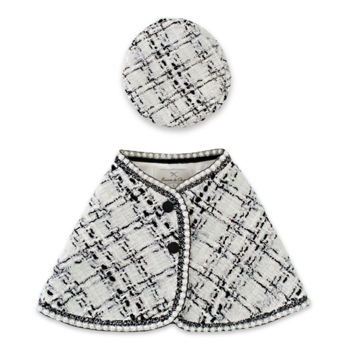 White bouclé tweed dog cape with black pearl trim and coordinating beret Chanel style