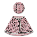 Pink bouclé tweed dog cape with black trim and matching beret inspired by Chanel