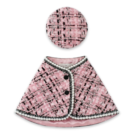 Pink bouclé tweed dog cape with black trim and matching beret inspired by Chanel