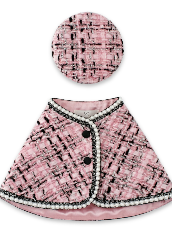 Pink bouclé tweed dog cape with black trim and matching beret inspired by Chanel