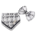 White tweed dog bandana set with pearl border and Chewnel logo plate