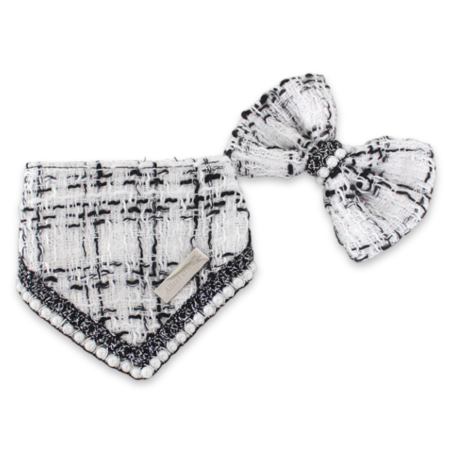 White tweed dog bandana set with pearl border and Chewnel logo plate