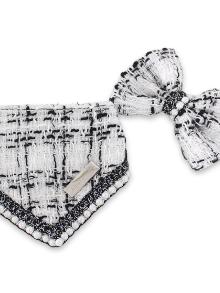 White tweed dog bandana set with pearl border and Chewnel logo plate