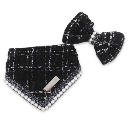 Black tweed dog bandana with matching bow Chanel inspired pearl trim details