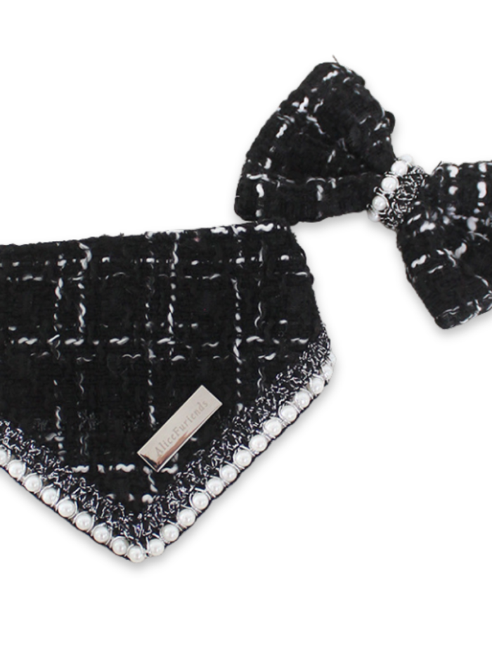 Black tweed dog bandana with matching bow Chanel inspired pearl trim details