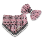 Pink tweed dog bandana and bow set with pearl trim Chanel style