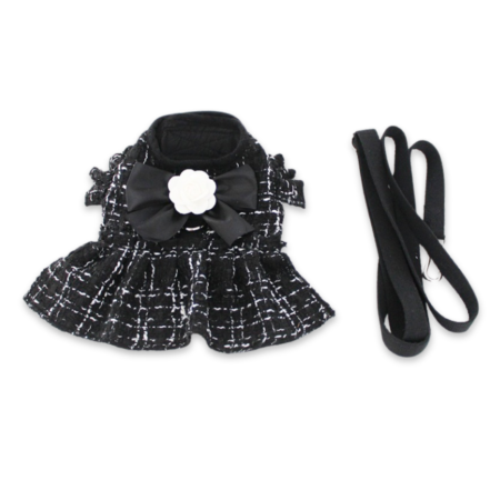 Black tweed dog harness dress with camellia flower and matching leash inspired by Chanel