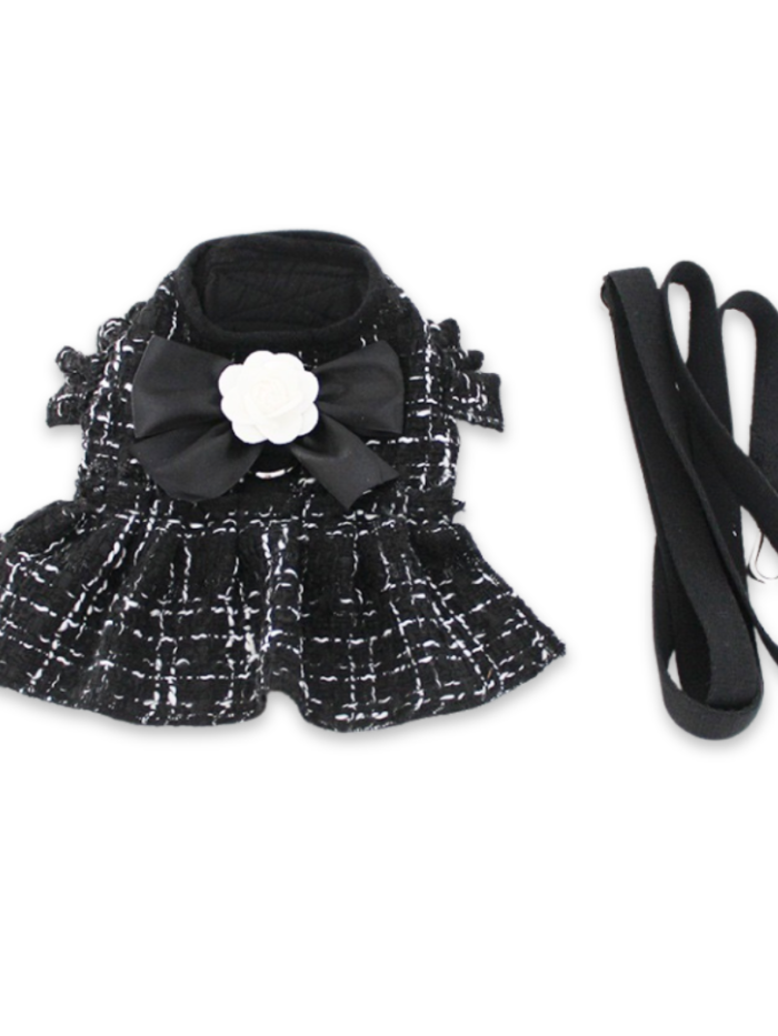 Black tweed dog harness dress with camellia flower and matching leash inspired by Chanel