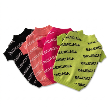 Multiple colorways of logo knit dog sweaters Balenciaga inspired with all-over branding