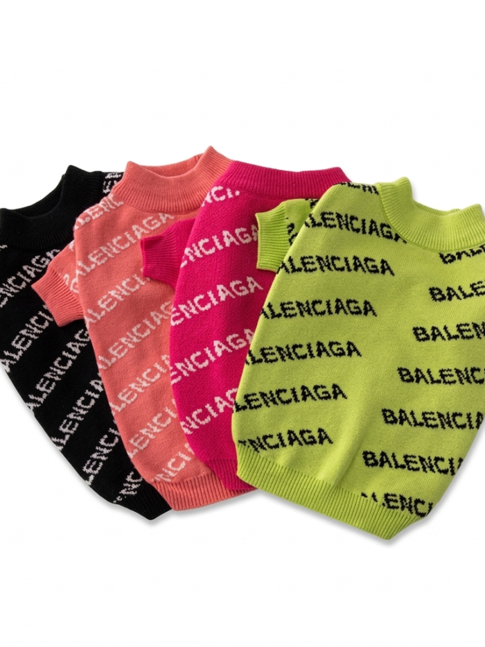 Multiple colorways of logo knit dog sweaters Balenciaga inspired with all-over branding