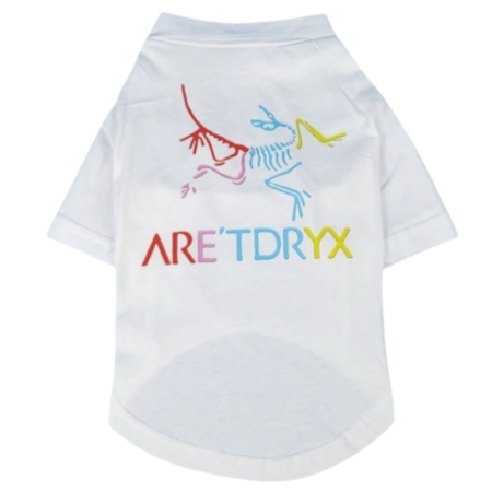 White dog tee with rainbow skeletal bird graphic and Bark'teryx branding