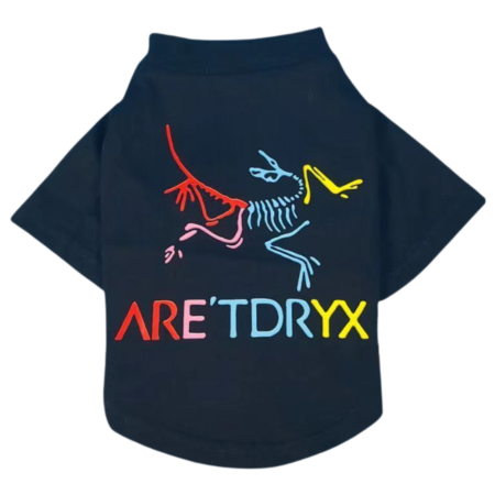 Navy dog tee with colorful skeletal bird graphic Arc'teryx inspired design