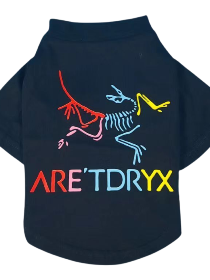 Navy dog tee with colorful skeletal bird graphic Arc'teryx inspired design