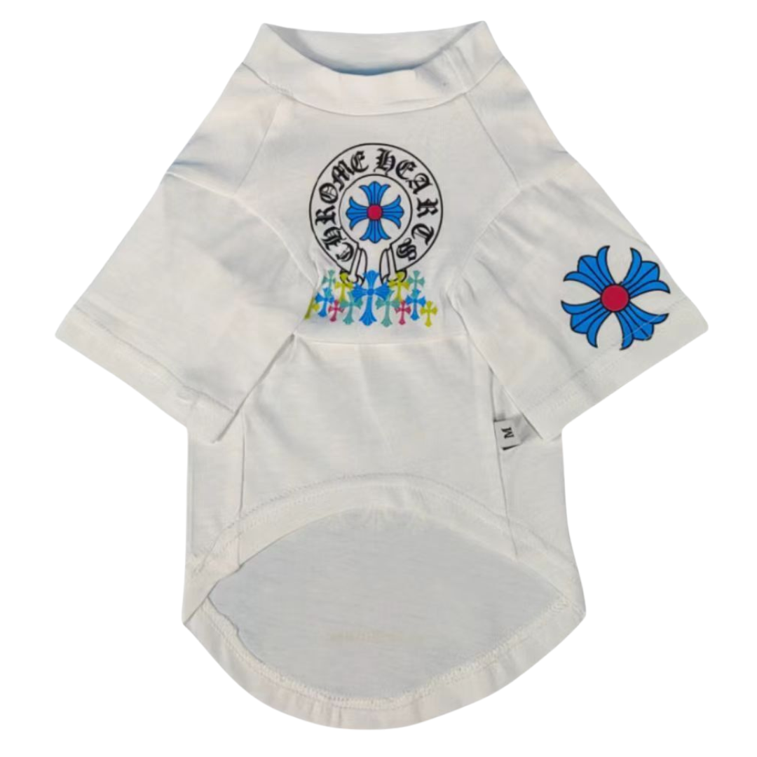 White Chrome Barks gothic dog tee with blue cross center logo and sleeve detail