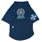 Navy Chrome Barks dog tee with circular Chrome Hearts inspired logo and rainbow cross graphics