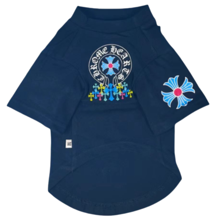 Navy Chrome Barks dog tee with circular Chrome Hearts inspired logo and rainbow cross graphics