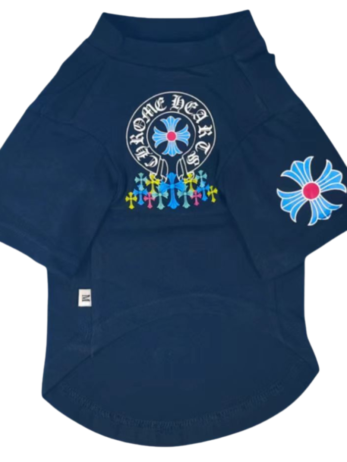 Navy Chrome Barks dog tee with circular Chrome Hearts inspired logo and rainbow cross graphics