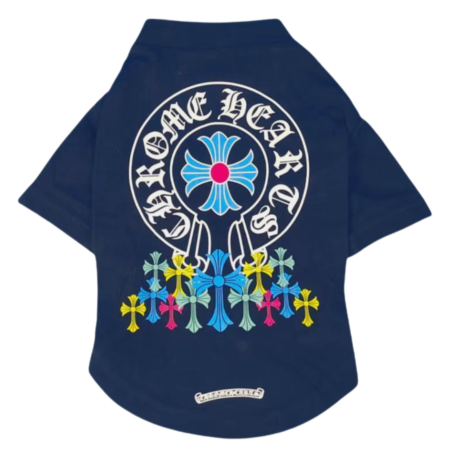 Chrome Hearts inspired dog tee back view showing circular logo and cascading colorful cross details