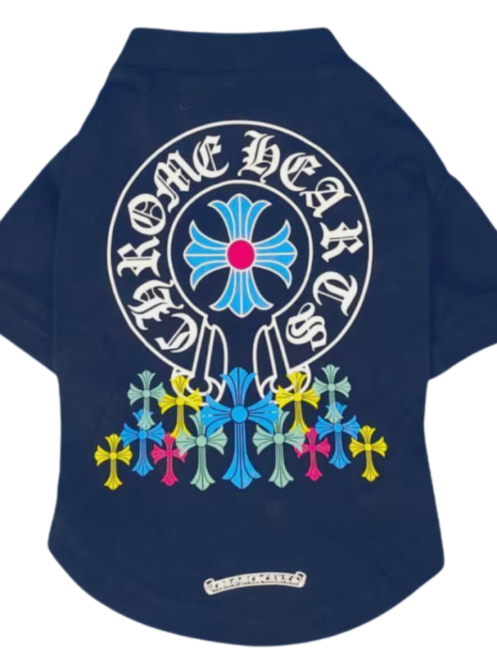 Chrome Hearts inspired dog tee back view showing circular logo and cascading colorful cross details