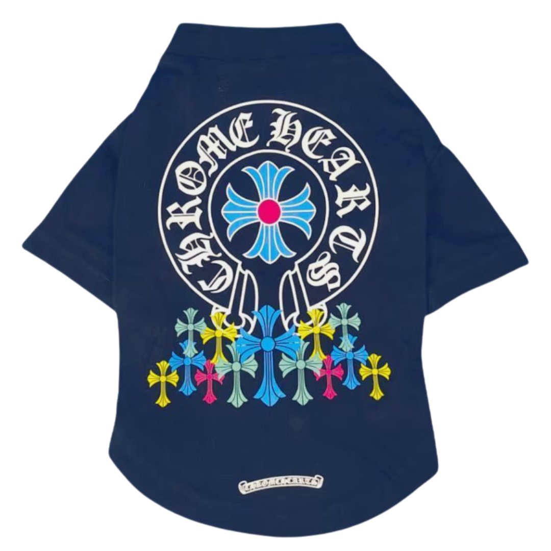 Chrome Hearts inspired dog tee back view showing circular logo and cascading colorful cross details
