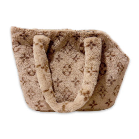 Brown monogram plush dog carrier with V pattern inspired by Louis Vuitton