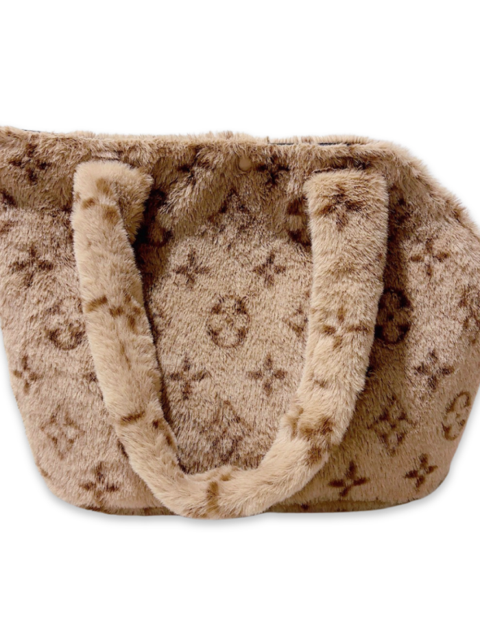 Brown monogram plush dog carrier with V pattern inspired by Louis Vuitton