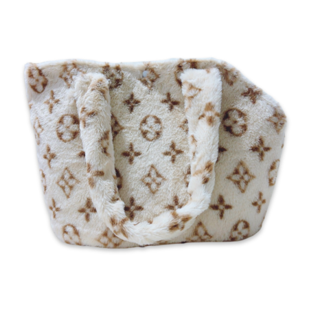 Khaki monogram plush dog carrier Chewy V style with structured handles