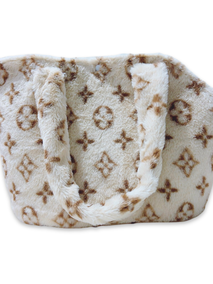 Khaki monogram plush dog carrier Chewy V style with structured handles