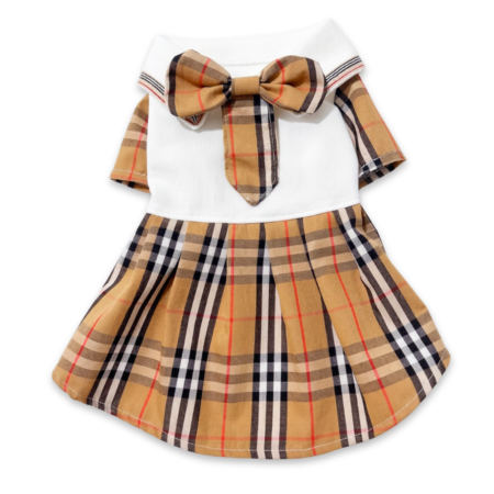 Tan check plaid dog dress with white polo body and matching bow tie inspired by Burberry