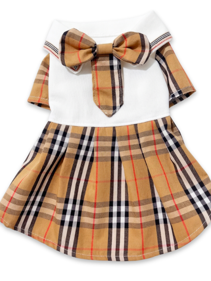 Tan check plaid dog dress with white polo body and matching bow tie inspired by Burberry