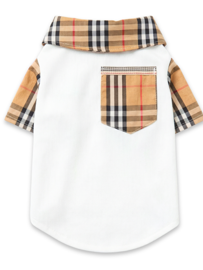 White dog polo shirt with tan check sleeves and back pocket Burberry style heritage plaid