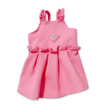 Pink ruffle dog dress Prada style with triangle logo and adjustable straps