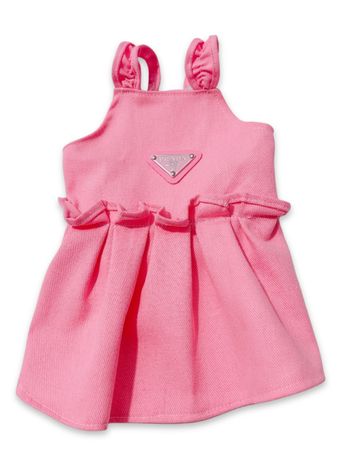 Pink ruffle dog dress Prada style with triangle logo and adjustable straps