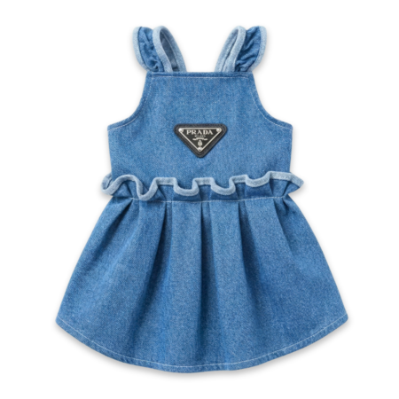 Blue denim ruffle dog dress Prada inspired with triangle logo detail