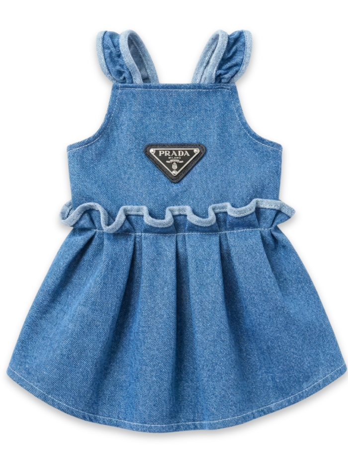 Blue denim ruffle dog dress Prada inspired with triangle logo detail