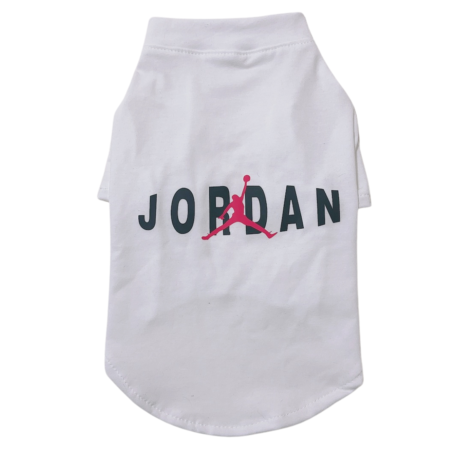 White dog tee with red Jumpman logo and Jordan lettering basketball streetwear style
